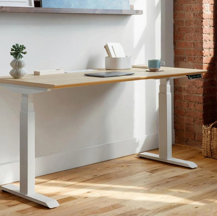 Small Office Coffee Standing Desk with Dual Motor Brown Wood Multifunctional Electric