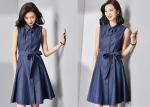 Sleeveless Bow Tie Denim Dress Ladies Eleglant Wide Hem Long Belted Skirt