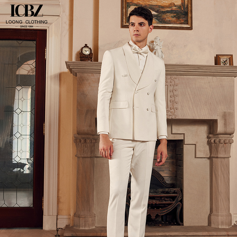 White Shawl Lapel Men's Wedding Groom's Suit Formal Dress Tuxedo Suit Woven by Suit