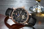 Black Genuine Leather Mechanical Watch Moon Phase Multi Functional