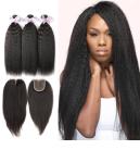 Peruvian Kinky Straight Human Hair Weave Closure With Three Bundles Natural