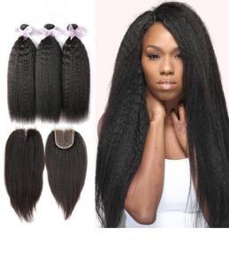 China Peruvian Kinky Straight Human Hair Weave Closure With Three Bundles Natural Color factory