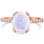 Elegant Plated Oval Cut Claw Setting Moonstone With CZ Rings Engagement Women