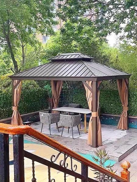 Outdoor Patio Garden Steel Frame Hardtop Metal Roof Gazebo with Privacy Curtains