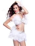 Stage Competition White Heavy Lace Bra Top Dance Costumes With Feathers