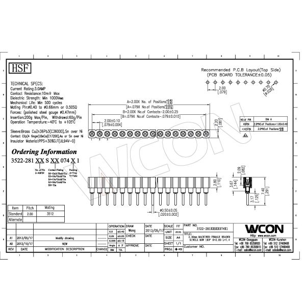 WCON 2.0 mm Female Connector WCON Single Row Round Pin Header Black Color