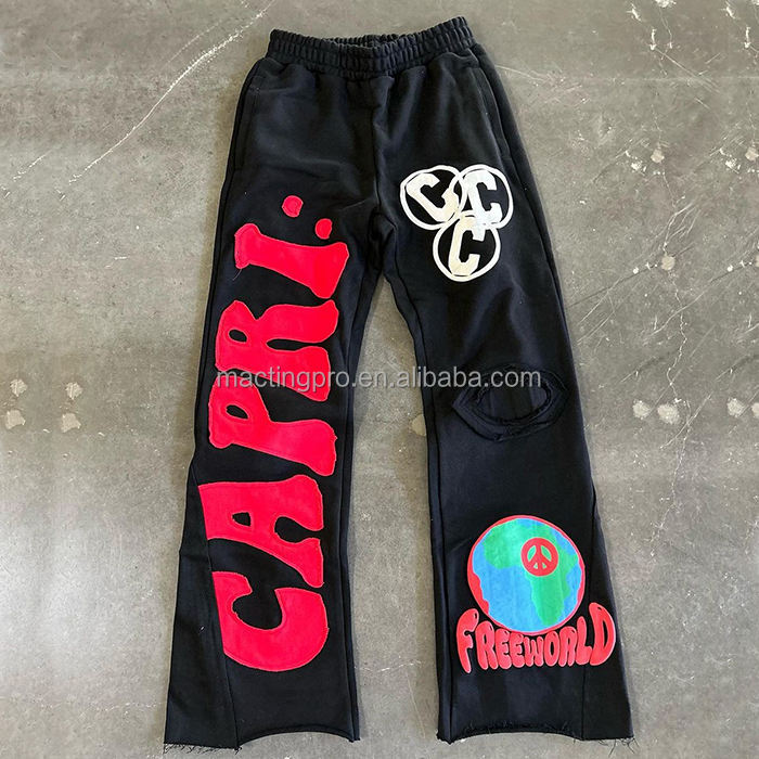 Patch Embroidery French Terry Acid Wash Raw Hem Distressed Flared Sweatpants Regular Fit 100% Cotton