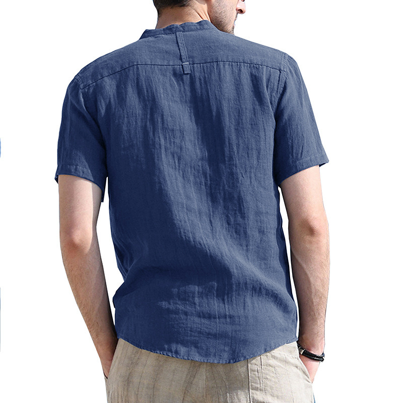 Summer New Stand-up Collar Men&prime;s Linen Shirt Breathable Short Sleeve Cotton Linen Shirt Men