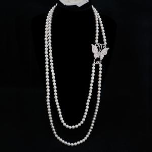 China White Shell Pearl Double Strands Sweater Necklace with Cubic Zirocnia Butterfly Charm(SN702143BUTTERFLY) factory