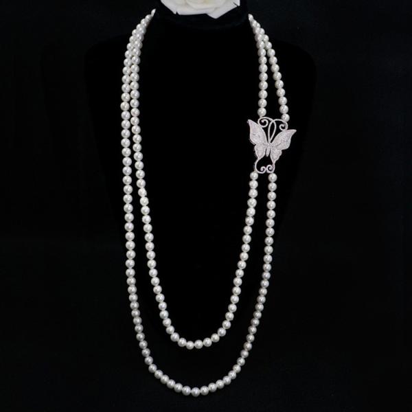 White Shell Pearl Double Strands Sweater Necklace with Cubic Zirocnia Butterfly