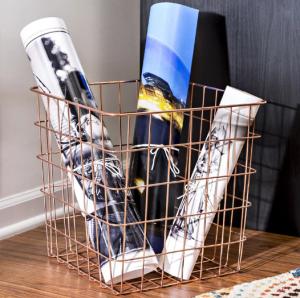 China Carbon Steel Rectangle 13 Inch Wire Basket Copper Magazine Storage Basket factory