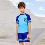 Split Blue Boy Swimsuit With Swimming Cap Student Conservative Summer Kids