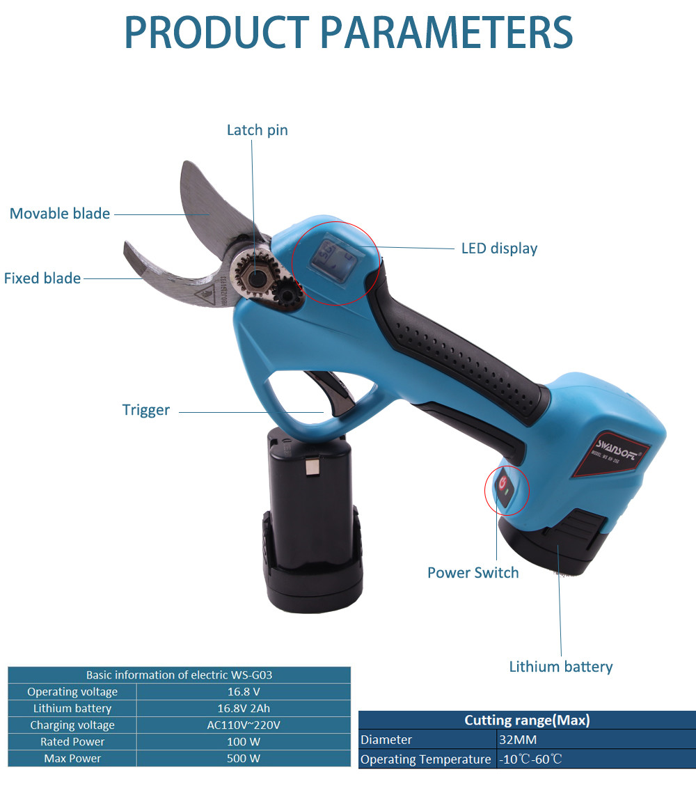 Swansoft 16.8VV 32MM Cordless electric pruning shear with li-ion battery 3.2CM electric pruning scissors