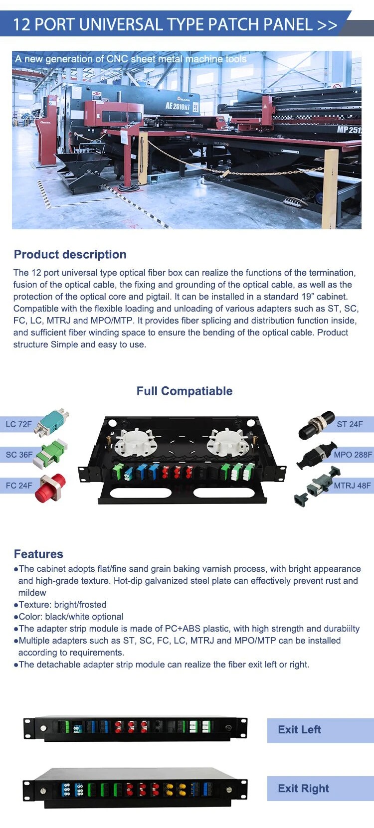 FTTH FTTX 12/24 Fiber Mtp/Mpo Cassettes 8 Port Patch Panel for SM/OM3/OM4 Fiber Networks