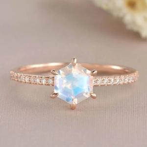 China Rose Gold Hexagon Shaped Wedding Jewelry Moonstone Engagement Ring factory