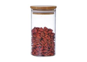 China Airtight Glass Food Storage Jars Round Shape Customized Logo With Screw Wood Lid factory