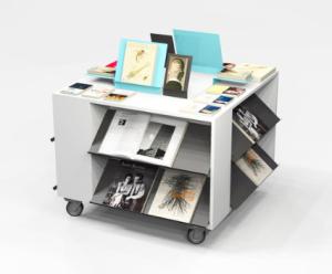 China Portable Cube Big Storage Magazine Display Rack Counter With Wheels Quick Ship factory