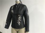Multi Color Pu Leather Coat , Black Embroidered Mandarin Collar Flower Tw78425