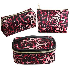 China 3pcs Pink Leopard Cosmetic Pouch Bag For Travel factory