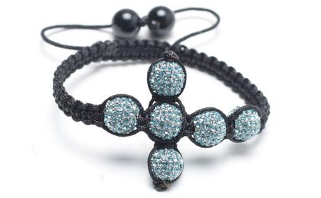 Shamballa Cross Beaded Woven Cuff Bracelet with Cyan Crystal Pave Alloy Beads