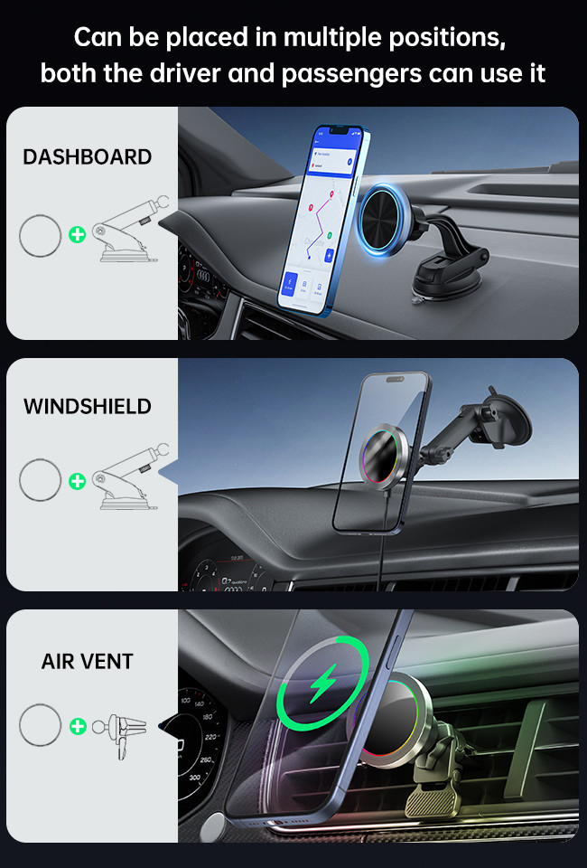 Iphone Car Charger Ultra Small Diameter Magnetic Wireless Charger Car Mount Aluminium Alloy Texture RGB Light Effect