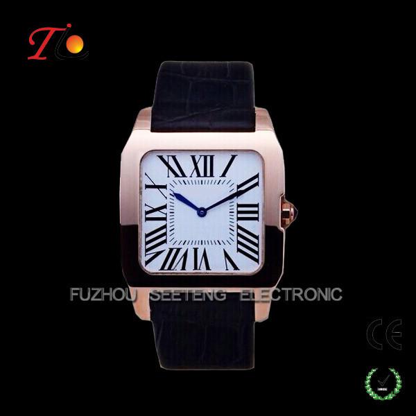 stainless steel quartz watch for men water resistant with PU leather band and