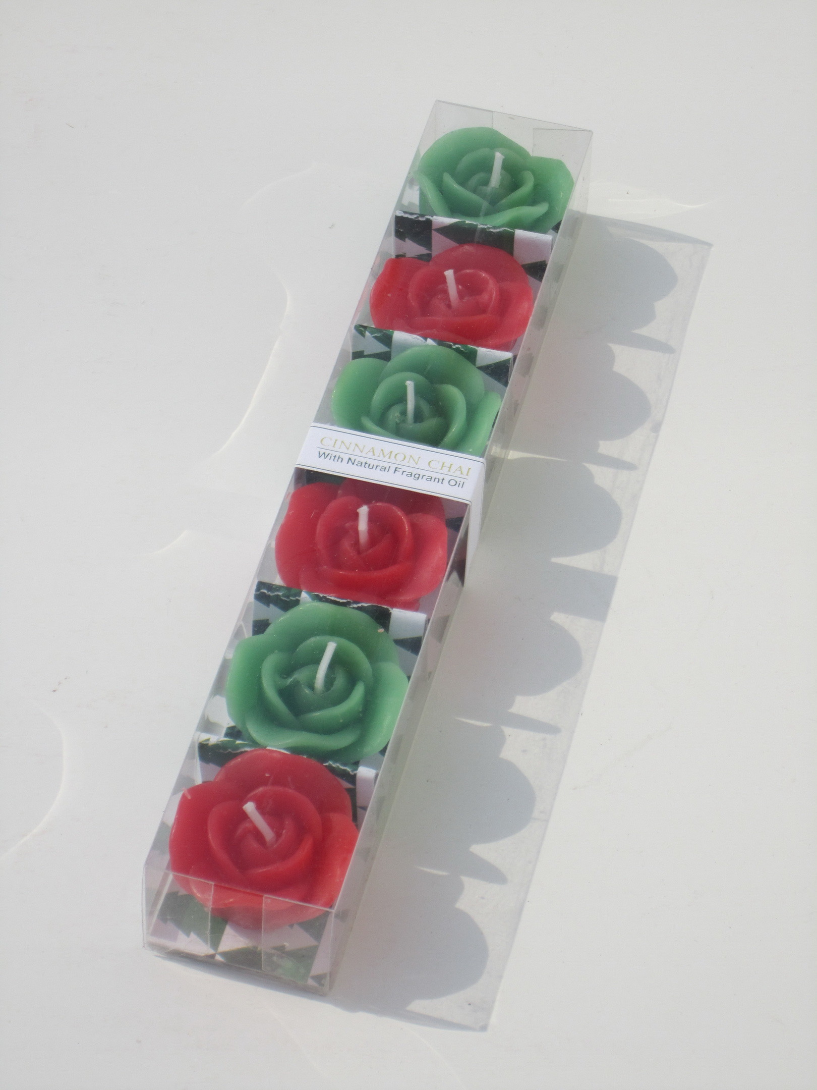 6pk Red & Green scented & assorted rose candle with printed label and packed into PVC box