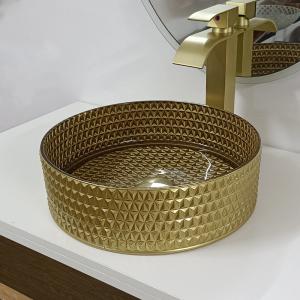 China Round Gold Glass Vessel Sink Diamond Table Top Bowl Wash Basin Crystal Bathroom factory
