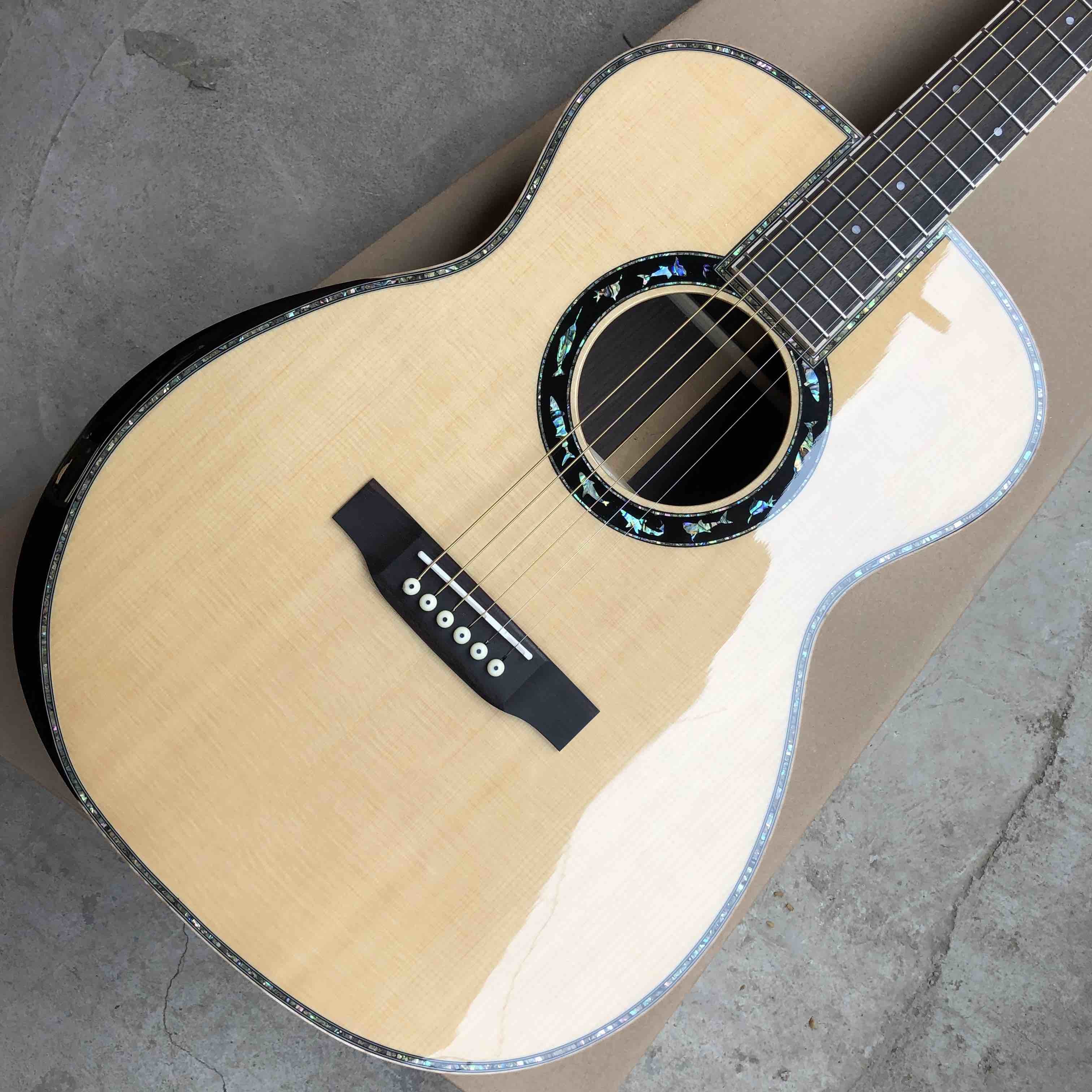 Custom 2020 New Real Abalone Aaaa All Solid Spruce Round Body Maple Binding Acoustic Guitar
