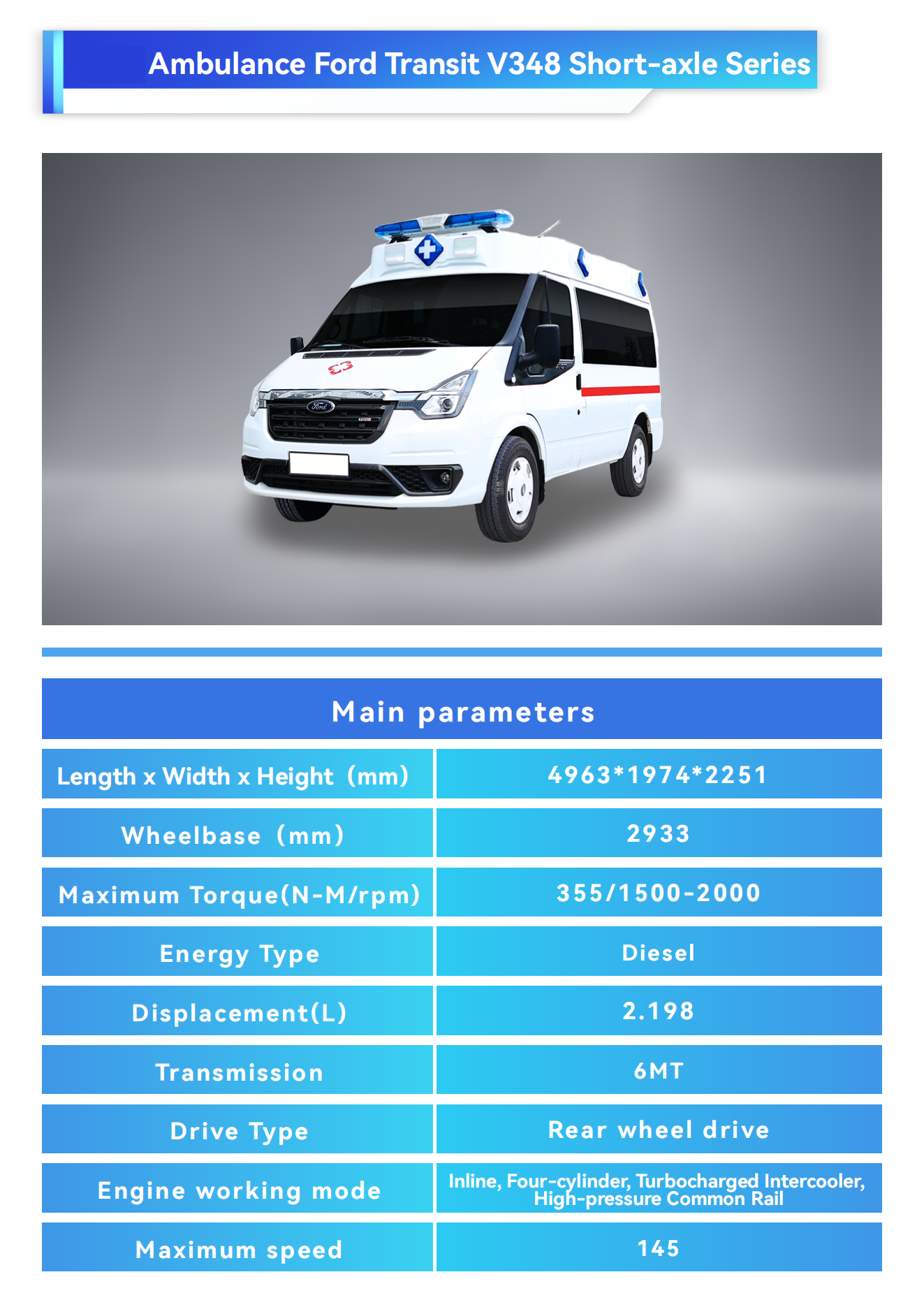 Ford Medical Direct Supply Ambulance Type 2 4x4 Van Rescue Vehicle for Patient Transport Diesel Fuel Rear Track 1704mm