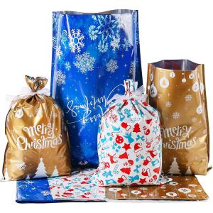 China Christmas Santa Kids Plastic Drawstring Bag Cookie Candy Toys Goodies Packaging factory