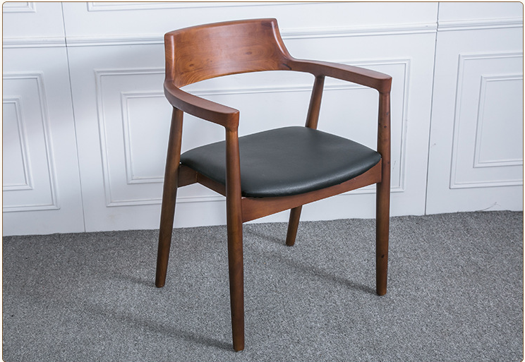 Dining Room and Living Room Contemporary Walnut Colour Wood Armrest Dining Chair with Fabric Leather Seat