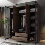Custom Modern Freestanding Wardrobe with Self Close Drawers Brown Wooden Glass