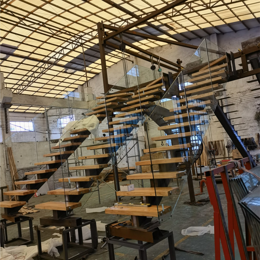Tempered Stair Railing Glass Stainless Steel Wood Tread Curved