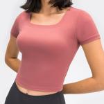 U Neck Slim Fit Short Sleeve Yoga T Shirts With Padded Naked Feeling
