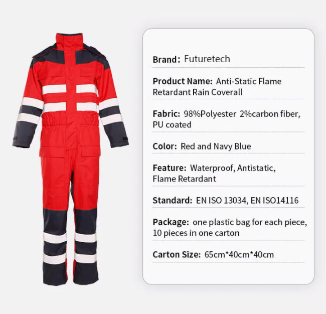 Waterproof FR Flame Retardant Overalls Work Suit Oil Proof 98% Polyester 2% Carbon Fiber