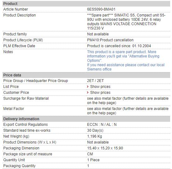 6ES5090-8MA01 6ES5 090-8MA01 Siemens Programmable Controller