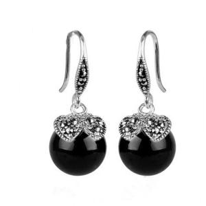 China Sterling Silver Black Agate with Marcasite Dangle Hoop Earrings (E12032BLACK) factory