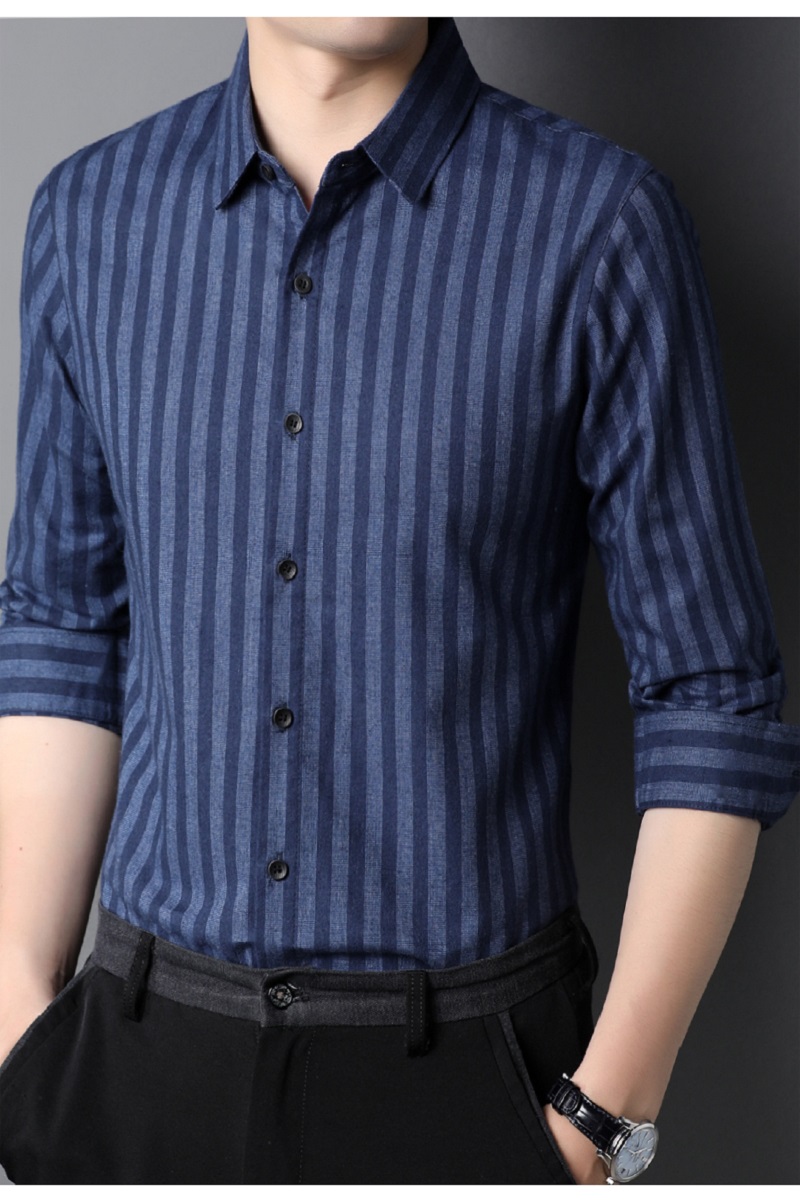 Breathable Dark Blue Long Sleeve Cotton Shirt for Men's Casual Fashion in Autumn 2021