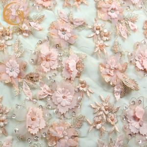 China French 3D Flower Lace Fabric Beaded Handmade 1 Yard Pink Lace Cloth factory