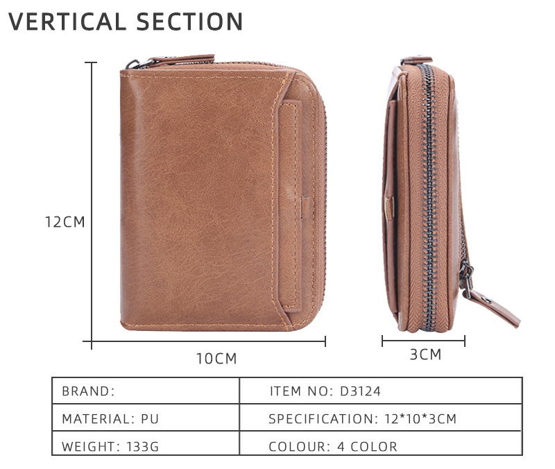 Zipper Closure Retro Handmade Man Purse for Vintage Retro Matte Genuine Leather Wallet