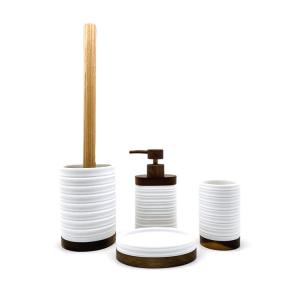 China White Color Polyresin Bathroom Set Ribbed Circles Look With Wood Parts factory
