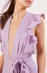 Clothing Fashion Women Ruffle Shoulder Midi Linen Dress Ladies