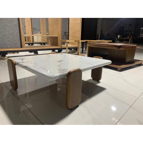 indoor Square Carrara White Marble Coffee Table with White Wax Solid wood Legs