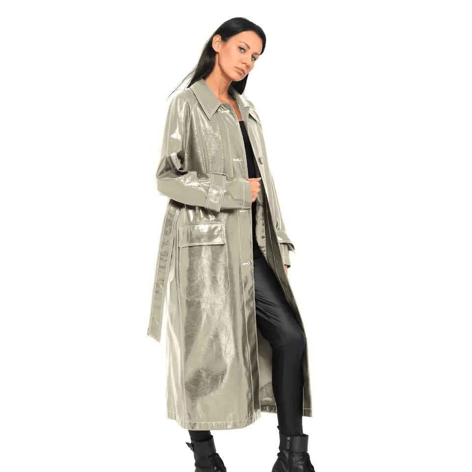 Wine Red Trench Women&prime;s Slim Motorcycle PU Leather Coat Long Slim with Belt Women&prime;s Leather Trench Coats
