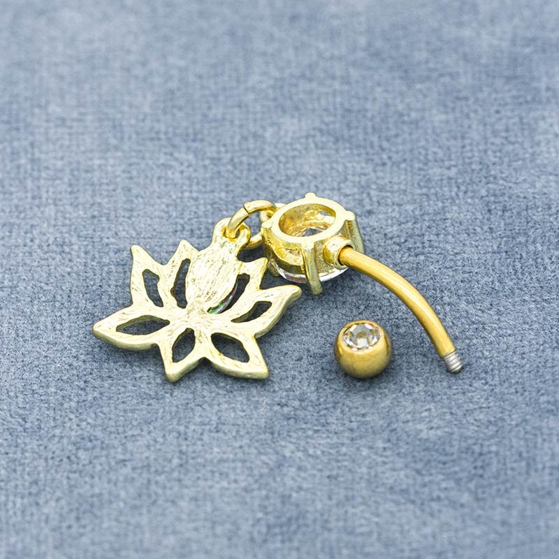 316 Stainless Steel Body Piercings Jewellery Gold Plated Lotus Dangle Pink Gem