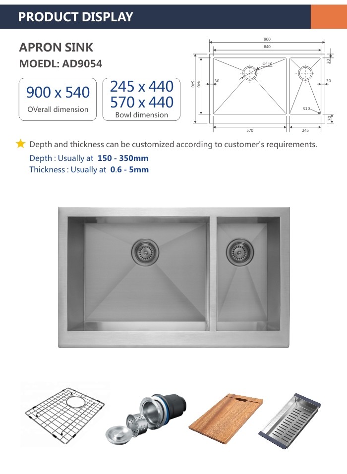 90x54 Apron Stainless Steel Kitchen Sink 36' Cabinet 16 Brushed 70 30 Double Bowl