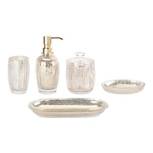 China Mercury Gold Glass Bathroom Accessories Set Round Shape With Ribbed Vertical Stripe Glass Soap Dispenser Glass Toothbrush Holder Soap Dish Holder factory
