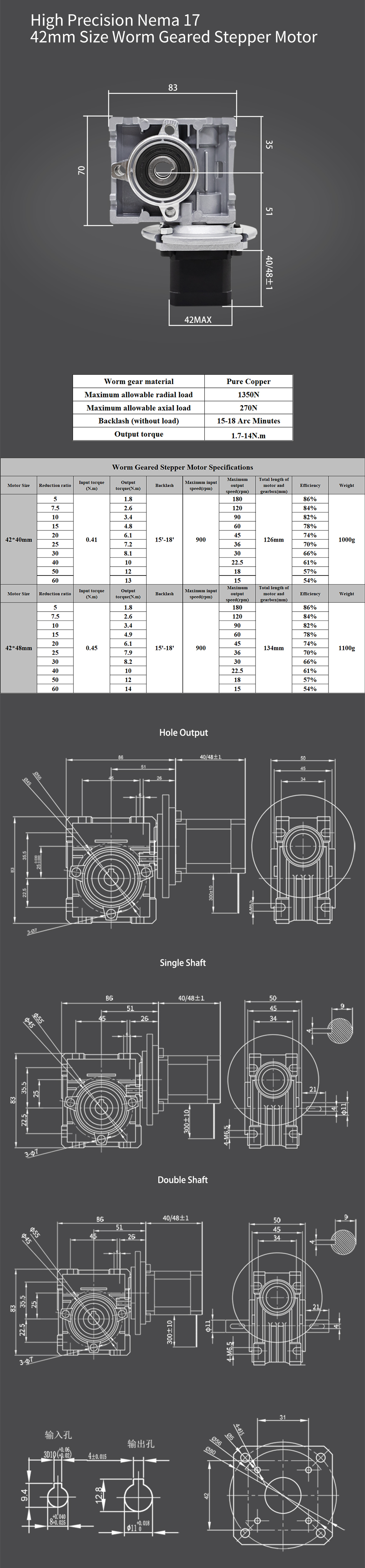 High Torque Single/Double Shaft Worm Gear Stepper Motor With Worm Gear Box Pure Copper