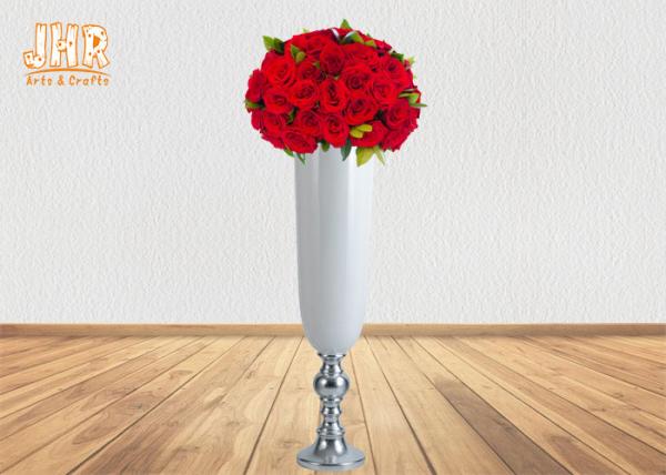 Silver Leafed Pedestal Floor Vases White Glossy Fiberglass Table Vases Wedding